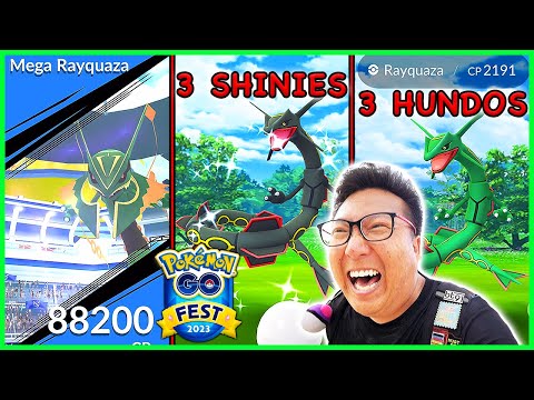 80 Mega Rayquaza Raids with 3 Hundos and 3 Shinies Caught - Pokemon GO Fest 2023